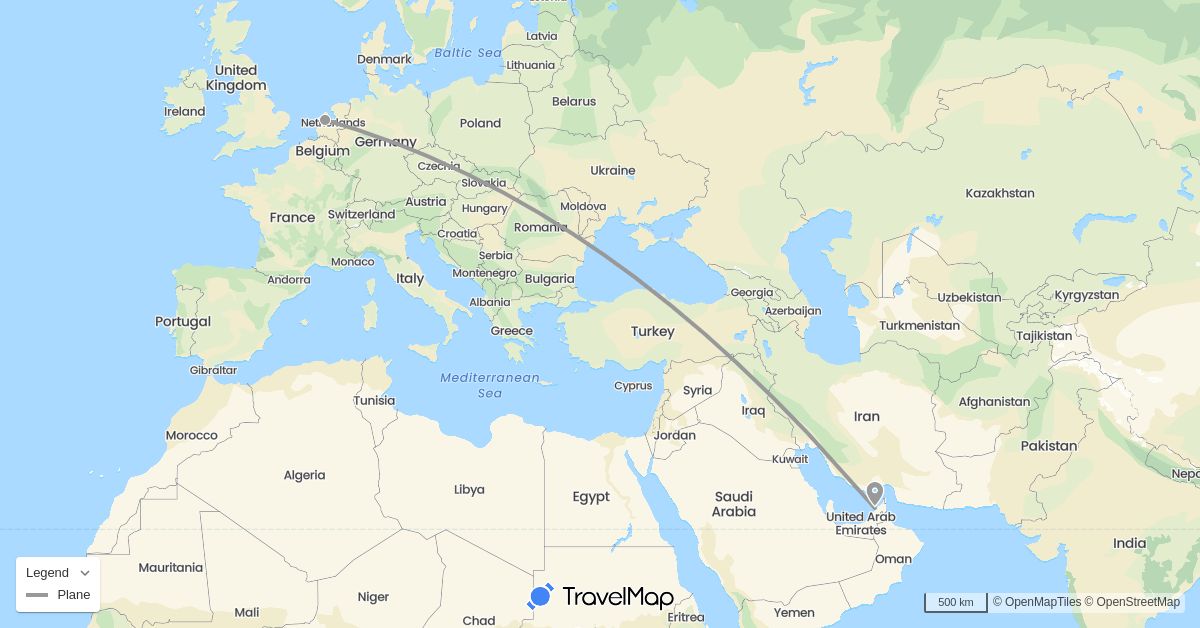 TravelMap itinerary: driving, plane in United Arab Emirates, Netherlands (Asia, Europe)